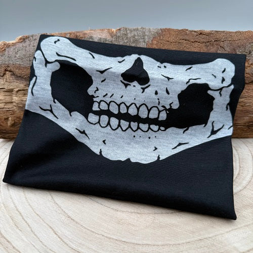 black-tube-scarf-with-jaws-half-a-skull-for-halloween