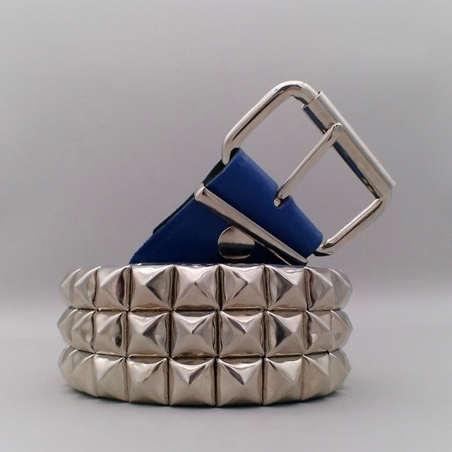 real-leather-belt-blue-three-rows-of-pyramid-studs-in-silver