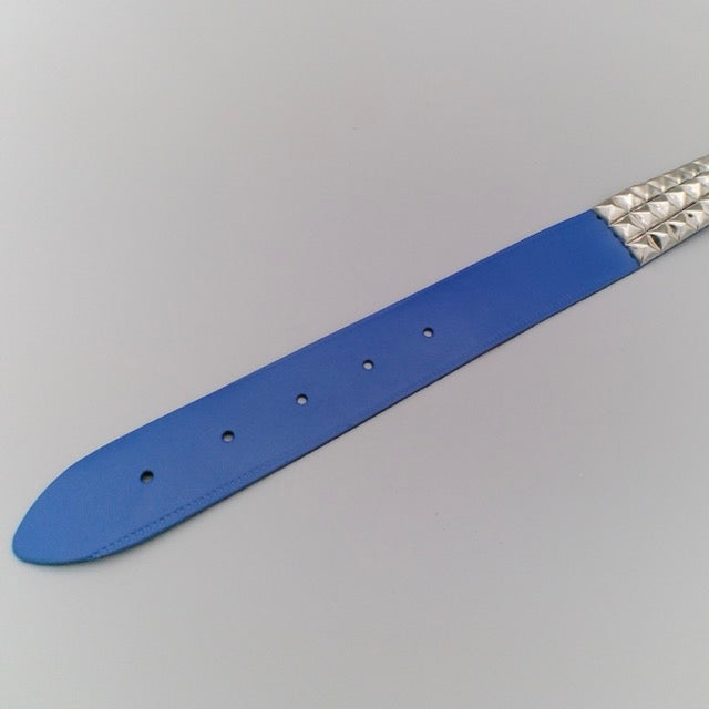 real-leather-belt-blue-three-rows-of-pyramid-studs-in-silver