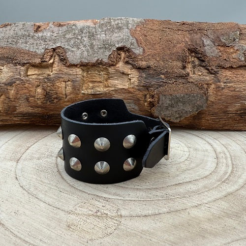 real-black-leather-wristband-with-two-rows-of-silver-conical-studs-for-heavy-metal-fans