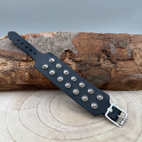 real-black-leather-wristband-with-two-rows-of-silver-conical-studs-for-heavy-metal-fans